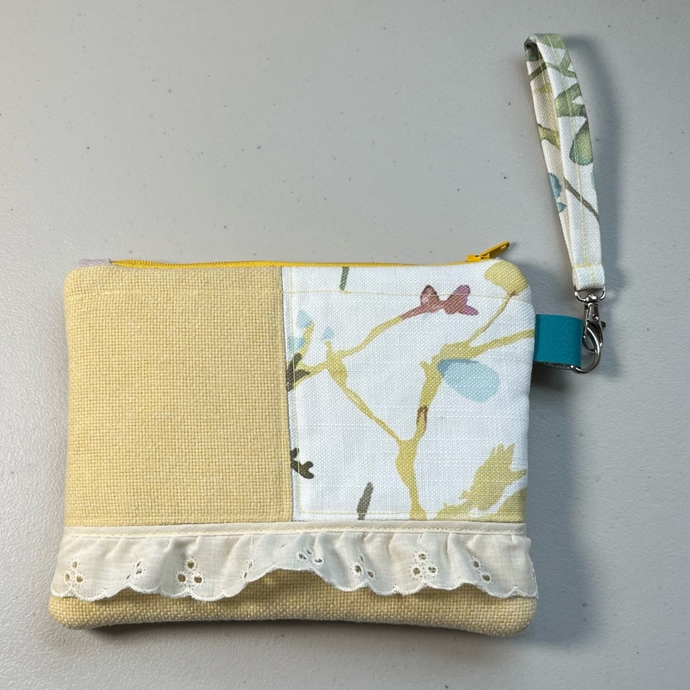 Handmade One Of A Kind Yellow & Pastel Floral Upcycled Fabric Wristlet Clutch